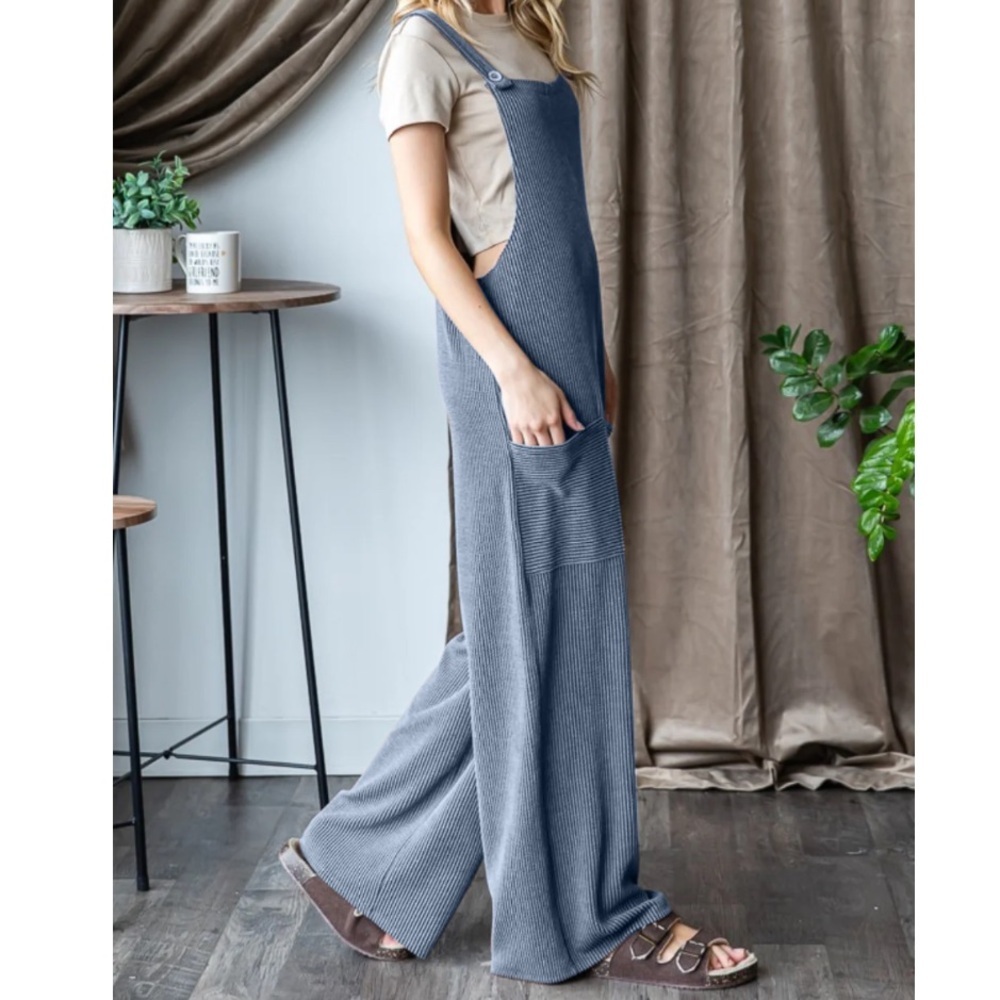 Women's Stretchy Ribbed Jumpsuit-Blue-Size 1X - Picture 2 of 9